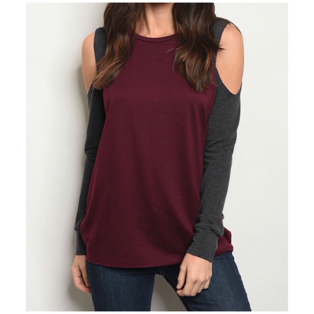 BURGUNDY COLD SHOULDER TOP - Picture 3 of 9